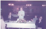 Sailing club dinner 1983, Ed Lockett (left), John Middaugh (Commodore), Billie Middaugh at head table, Mead Cabin, Kingsport.