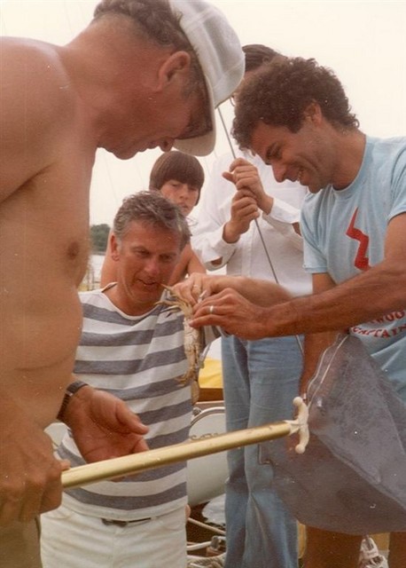 John Middaugh, Bob Waterfield, Al Voskian, catching crabs with the "Middaugh Net"