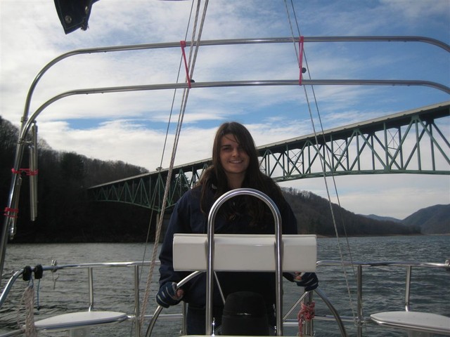 Ali Arnfield (Jeff's daughter), spinnaker run on Wild Blue Yonder from dam to end of Midway, Nov 28, 2008