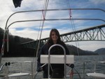 Ali Arnfield (Jeff's daughter), spinnaker run on Wild Blue Yonder from dam to end of Midway, Nov 28, 2008