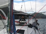 Ali (Jeff's daughter) and Jeff Arnfield, spinnaker run on Wild Blue Yonder from dam to end of Midway, Nov 28, 2008