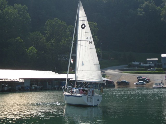 Jan and Dave Bryson in Phase II, harbor sailing, Aug 9, 2008..