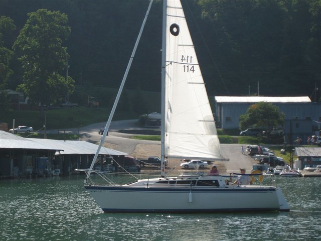 Jan and Dave Bryson in Phase II, harbor sailing, Aug 9, 2008..