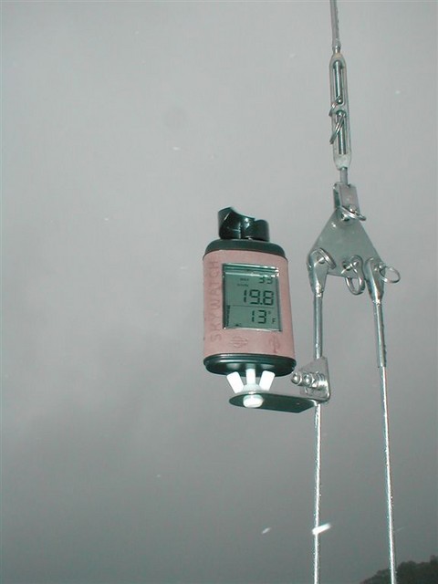 The anemometer pic shows  current wind 19.8 kt, 
max 33, with a wind chill of 13° F.  Gotta love it! (Jeff Arnfield, Windward)..