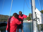 Josh in the bosun's seat on Sam's boat