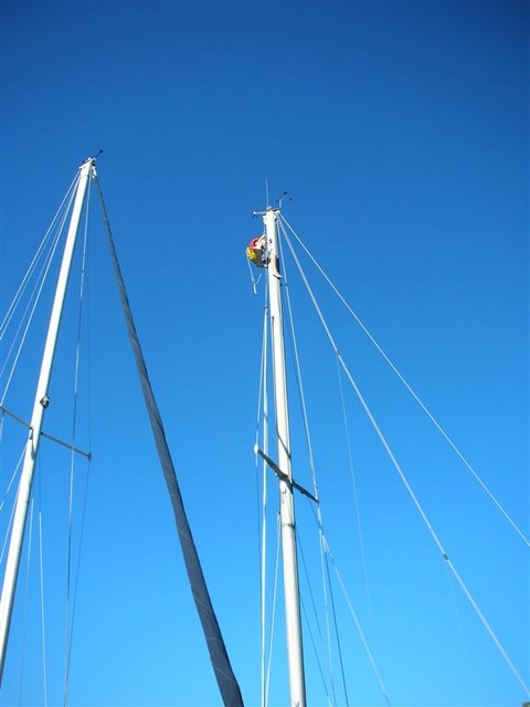 Josh in the bosun's seat on Sam's boat