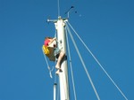 Josh in the bosun's seat on Sam's boat