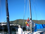 Josh in the bosun's seat on Sam's boat
