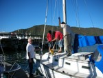 Josh in the bosun's seat on Sam's boat