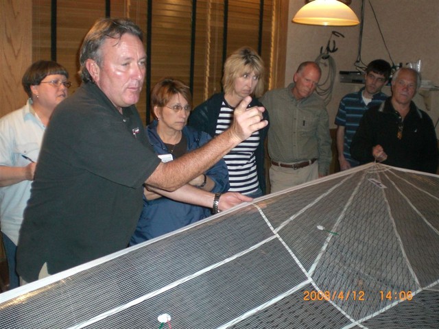 Joe Waters during clinic demonstrating proper sail trim with 1/3 scale Catalina 22 headsail (picture by Clarke Lucas)