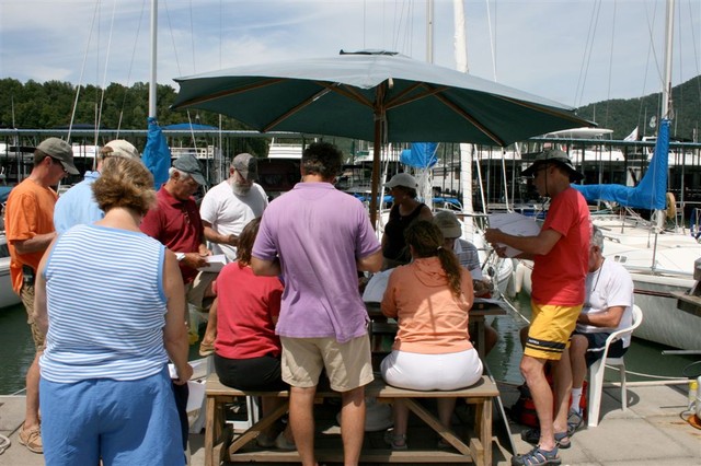 Initial discussions on race rules and start sequence (picture by Sue Lockett)